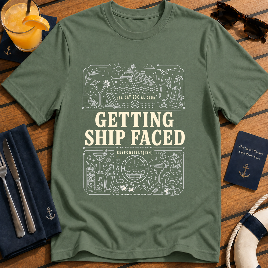 Getting Ship Faced funny cruise drinking t-shirt design on Military Green shirt