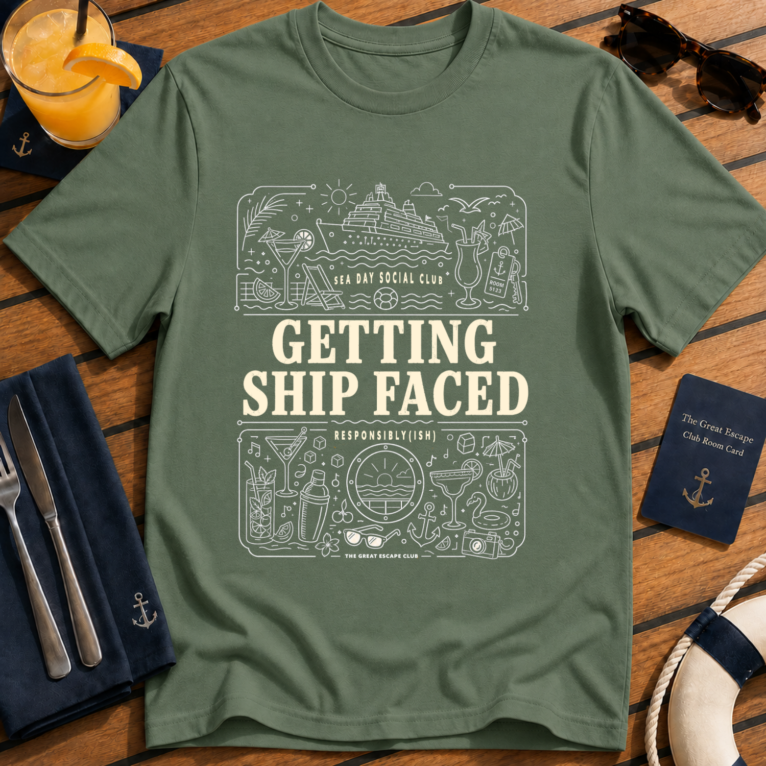Getting Ship Faced funny cruise drinking t-shirt design on Military Green shirt