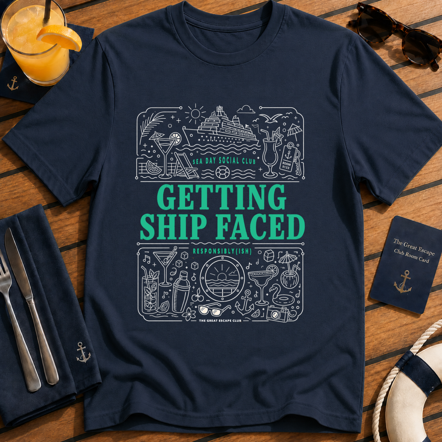 Getting Ship Faced funny cruise drinking t-shirt design on Navy shirt