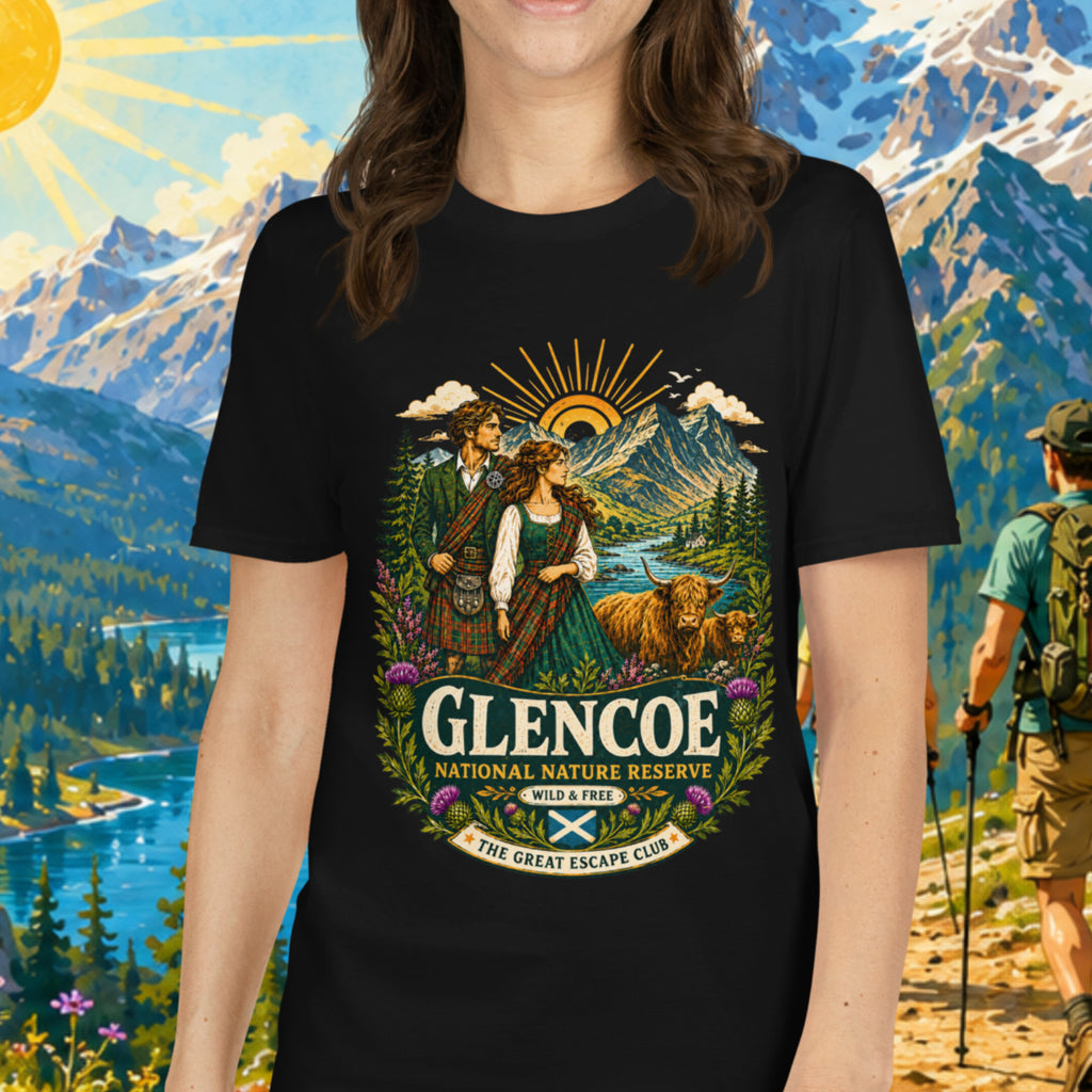 Glencoe National Nature Reserve unisex T-shirt in black featuring a vintage Scottish Highlands travel design with Highland cows and thistles.