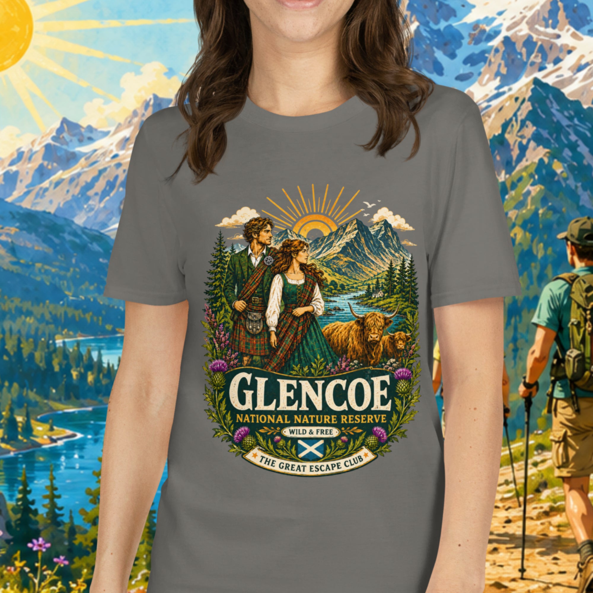 Glencoe National Nature Reserve unisex T-shirt in charcoal featuring a vintage Scottish Highlands travel design with Highland cows and thistles.