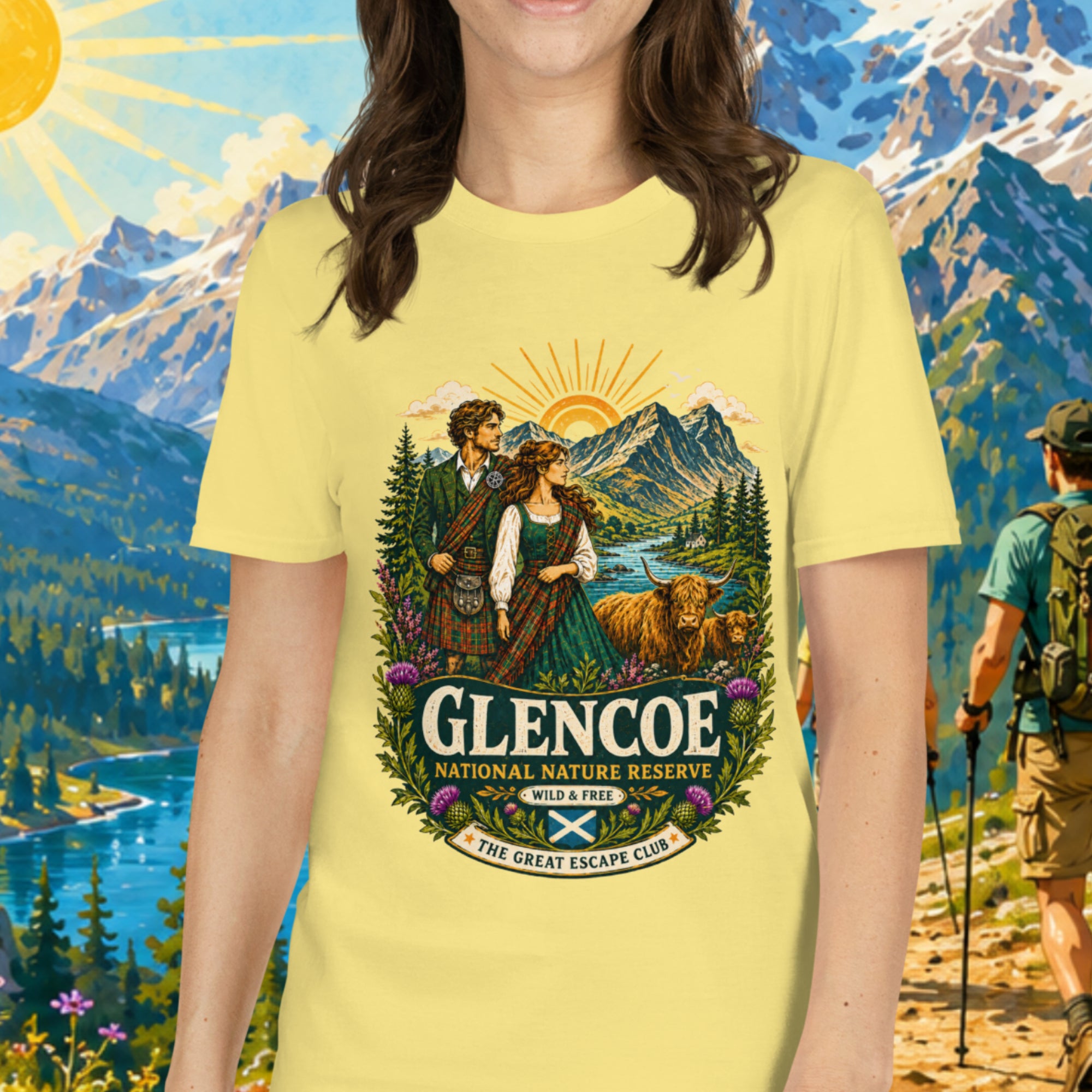 Glencoe National Nature Reserve unisex T-shirt in light yellow featuring a vintage Scottish Highlands travel design with Highland cows and thistles.