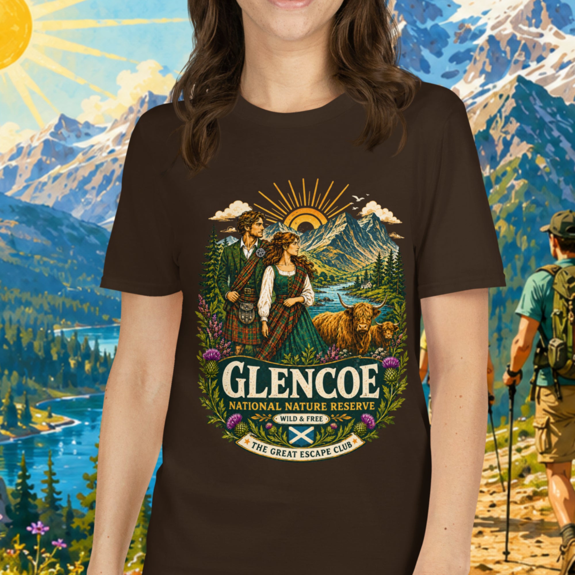 Glencoe National Nature Reserve unisex T-shirt in dark brown featuring a vintage Scottish Highlands travel design with Highland cows and thistles.