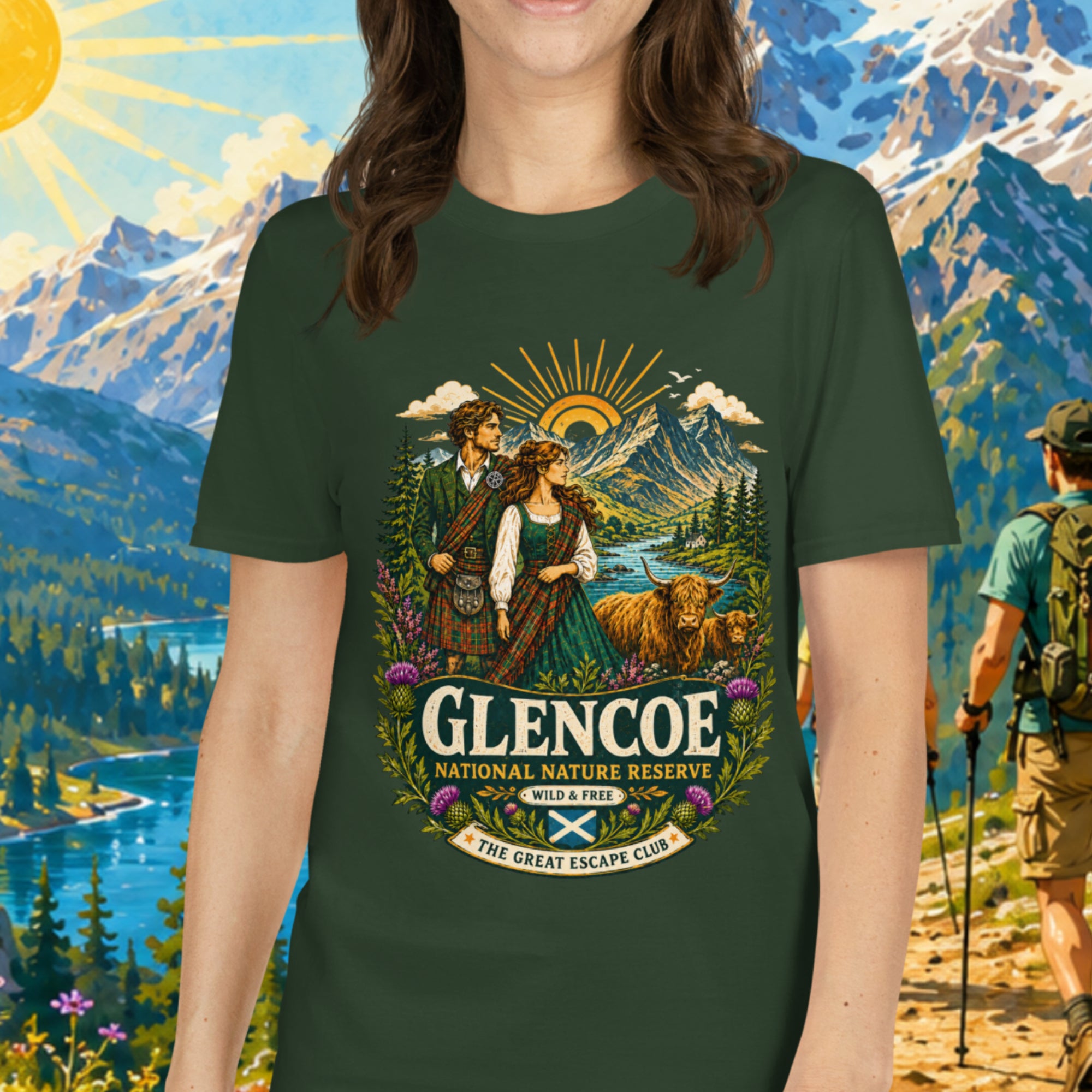 Glencoe National Nature Reserve unisex T-shirt in dark green featuring a vintage Scottish Highlands travel design with Highland cows and thistles.