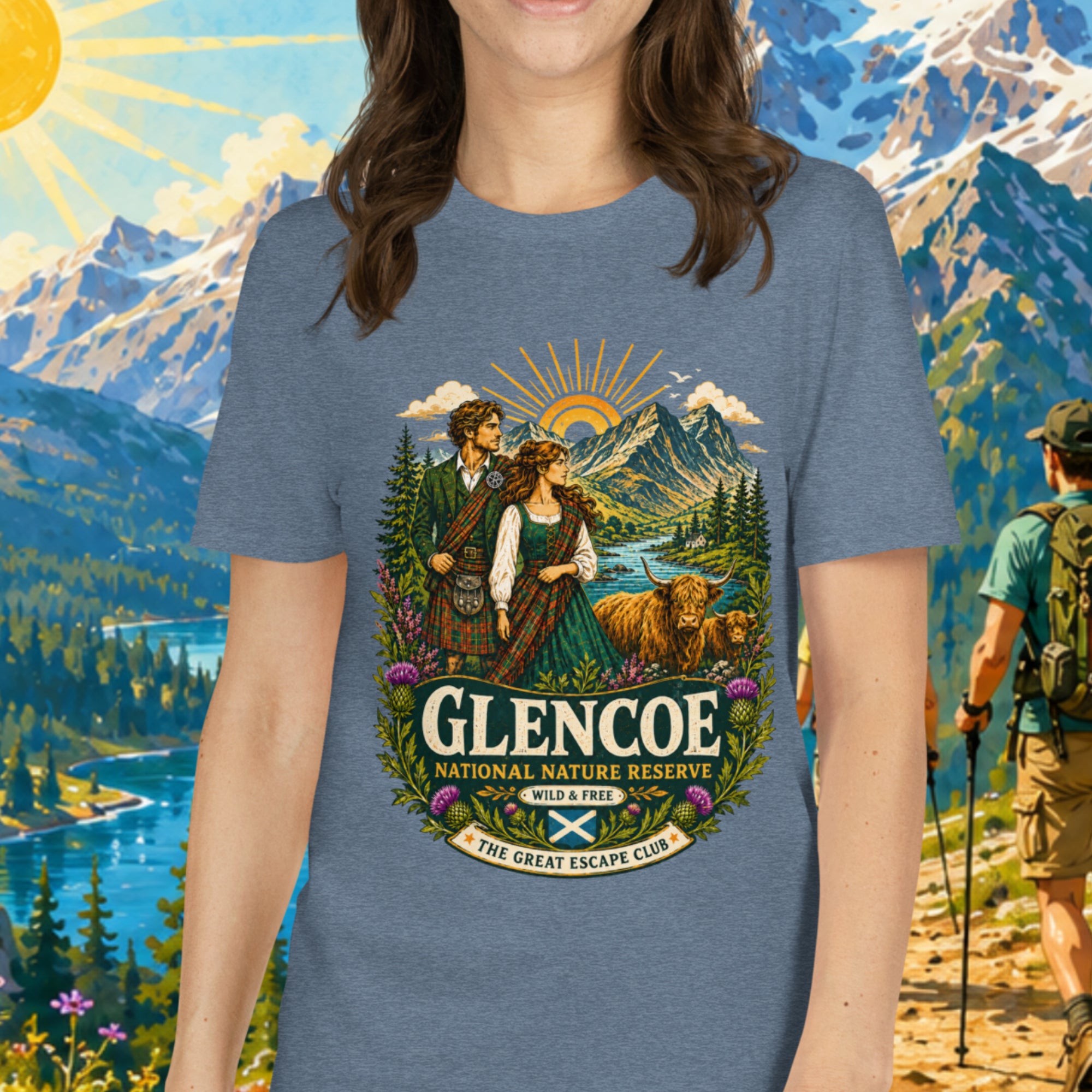 Glencoe National Nature Reserve unisex T-shirt in heather indigio featuring a vintage Scottish Highlands travel design with Highland cows and thistles.