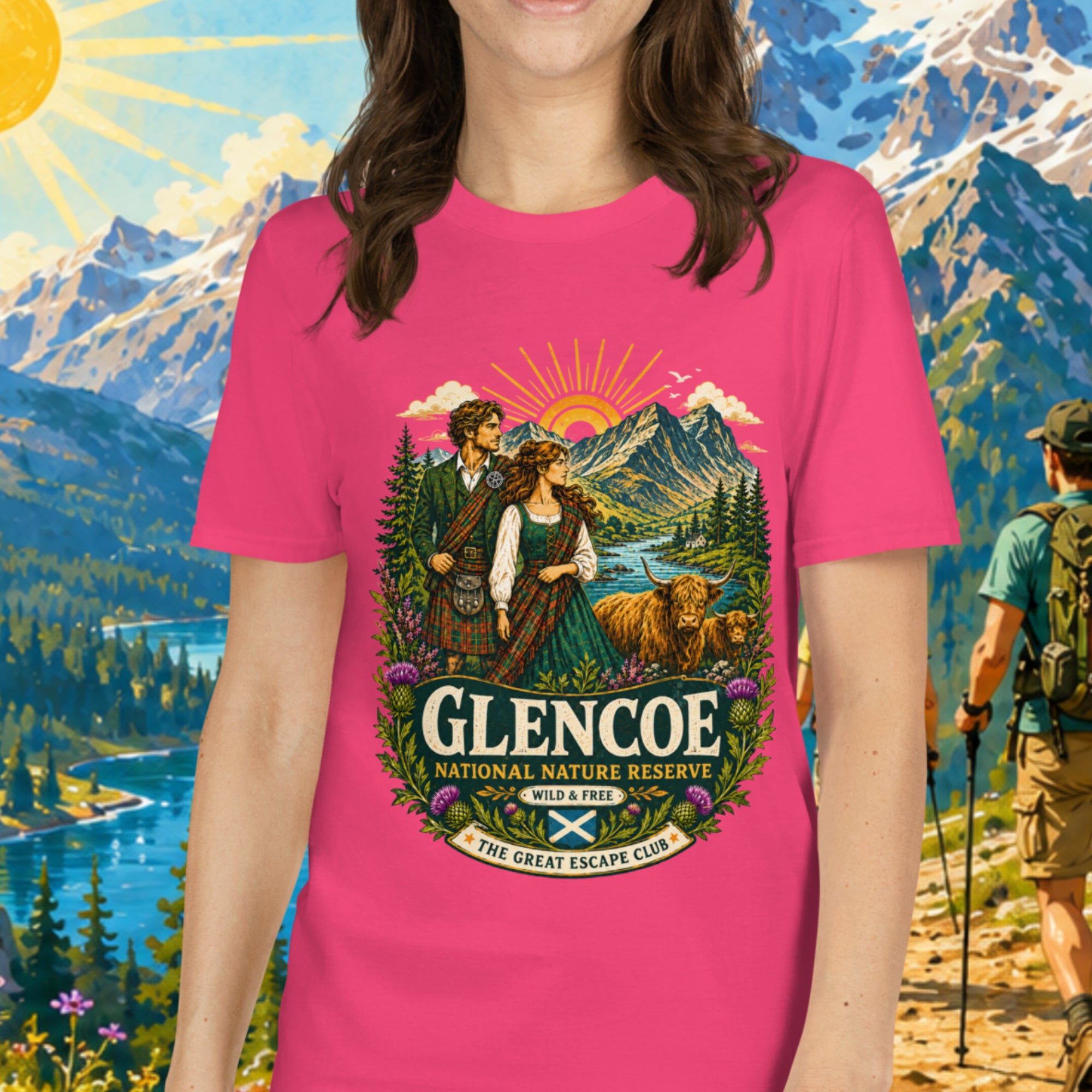 Glencoe National Nature Reserve unisex T-shirt in pink featuring a vintage Scottish Highlands travel design with Highland cows and thistles.