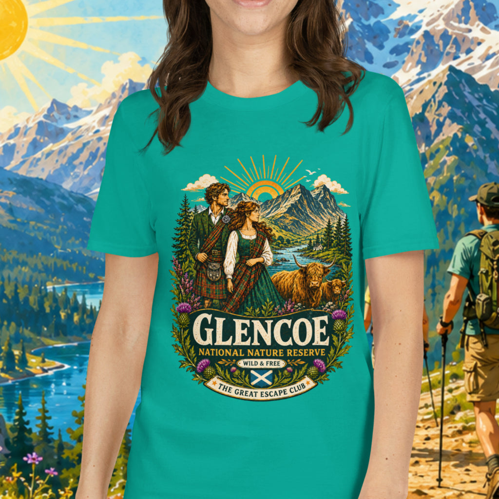Glencoe National Nature Reserve unisex T-shirt in jade green featuring a vintage Scottish Highlands travel design with Highland cows and thistles.
