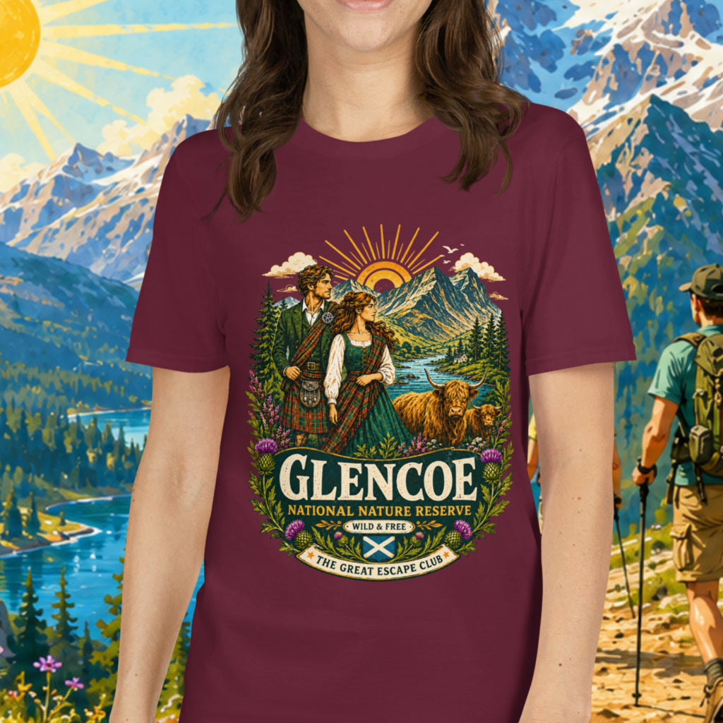 Glencoe National Nature Reserve unisex T-shirt in maroon featuring a vintage Scottish Highlands travel design with Highland cows and thistles.
