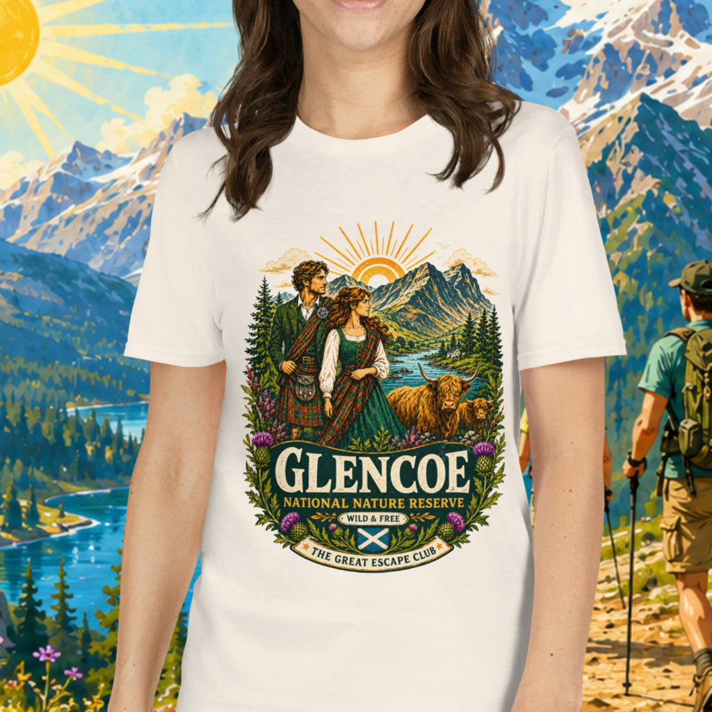 Glencoe National Nature Reserve unisex T-shirt in natural colour featuring a vintage Scottish Highlands travel design with Highland cows and thistles.