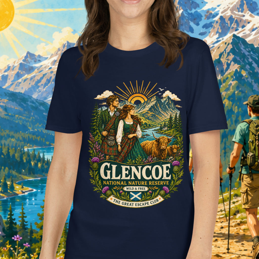Glencoe National Nature Reserve unisex T-shirt in navy featuring a vintage Scottish Highlands travel design with Highland cows and thistles.