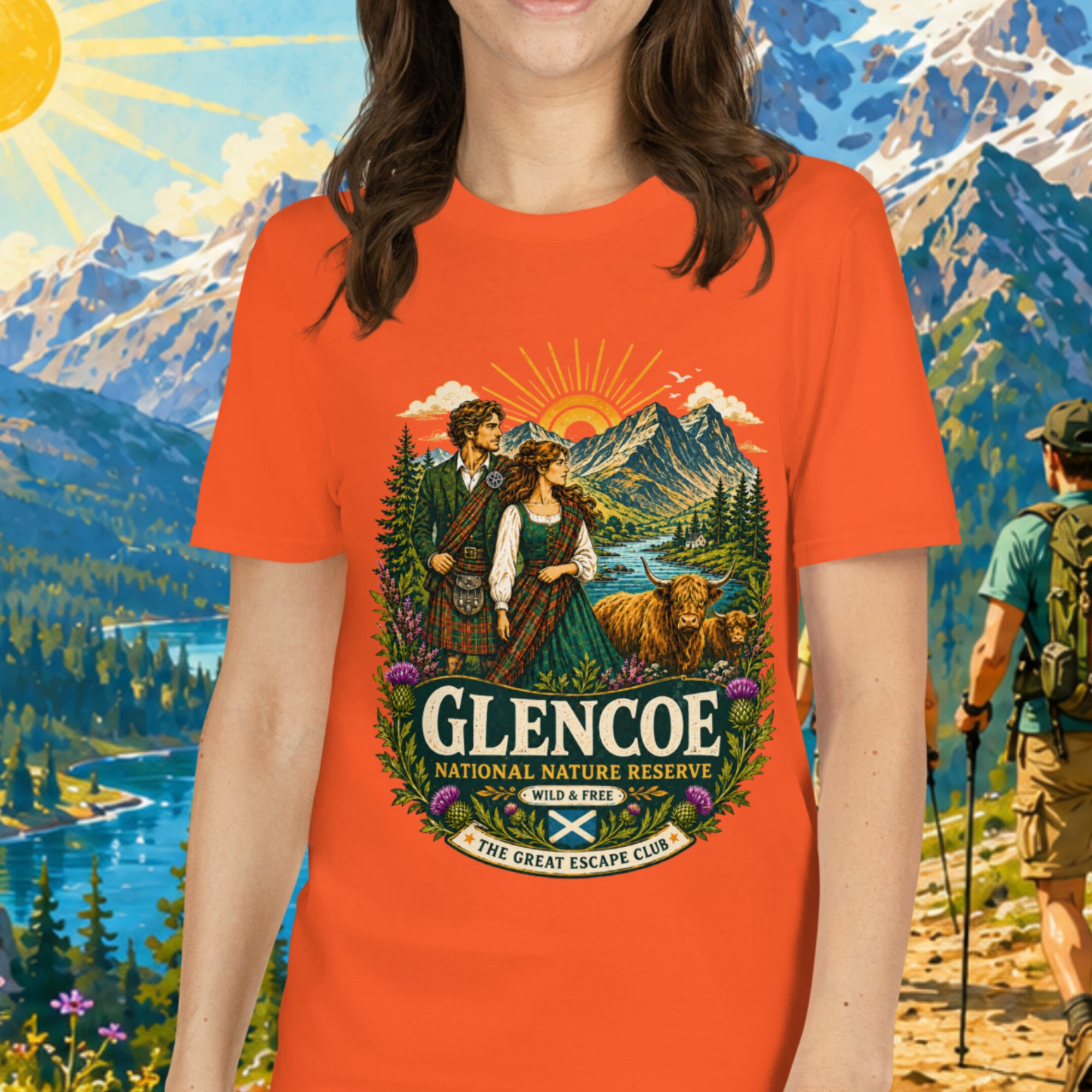 Glencoe National Nature Reserve unisex T-shirt in orange featuring a vintage Scottish Highlands travel design with Highland cows and thistles.