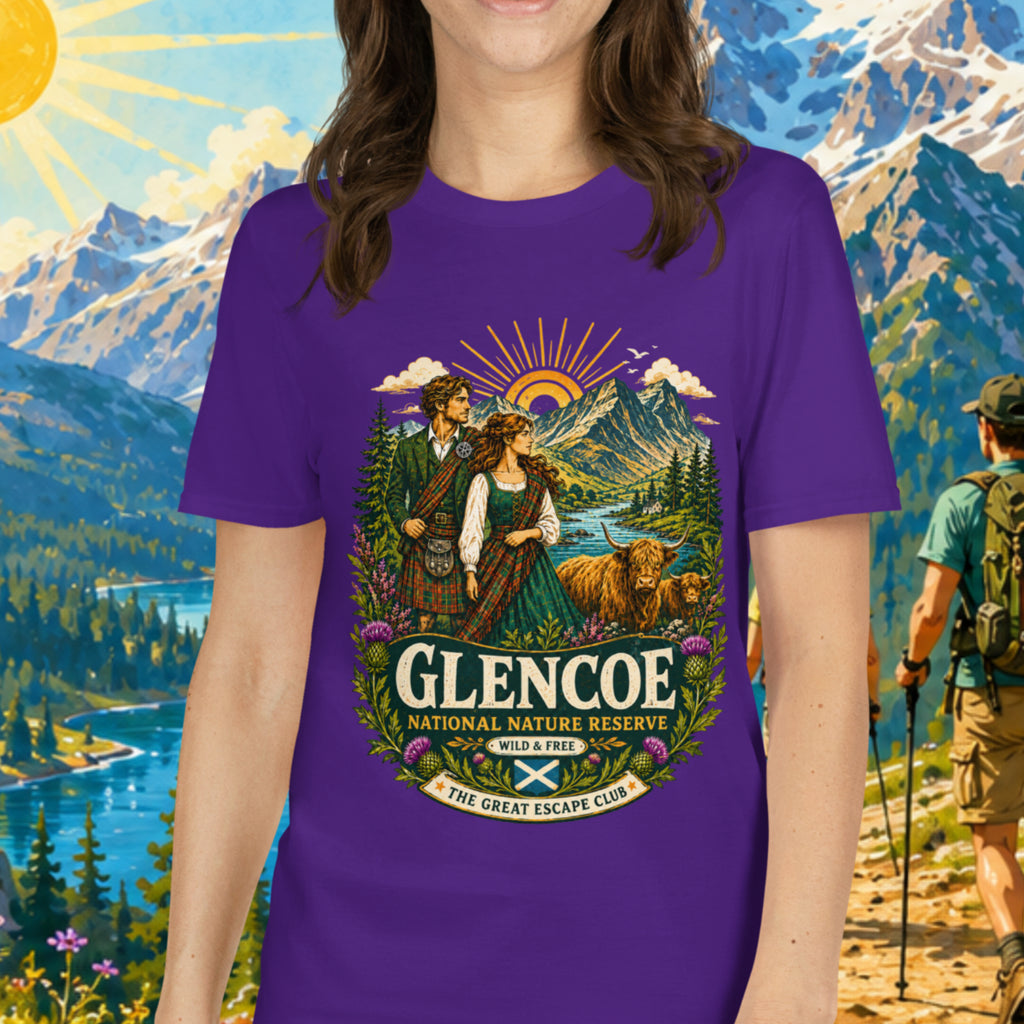 Glencoe National Nature Reserve unisex T-shirt in purple featuring a vintage Scottish Highlands travel design with Highland cows and thistles.