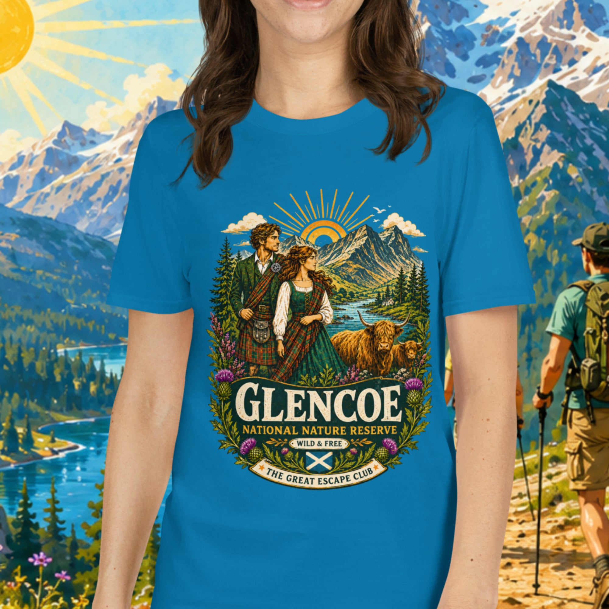 Glencoe National Nature Reserve unisex T-shirt in sapphire blue featuring a vintage Scottish Highlands travel design with Highland cows and thistles.