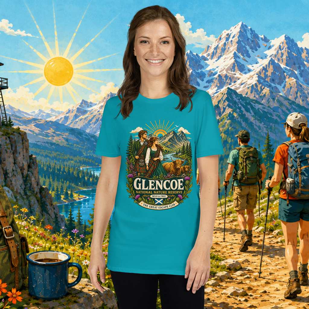 Glencoe National Nature Reserve unisex T-shirt in tropical blue featuring a vintage Scottish Highlands travel design with Highland cows and thistles.