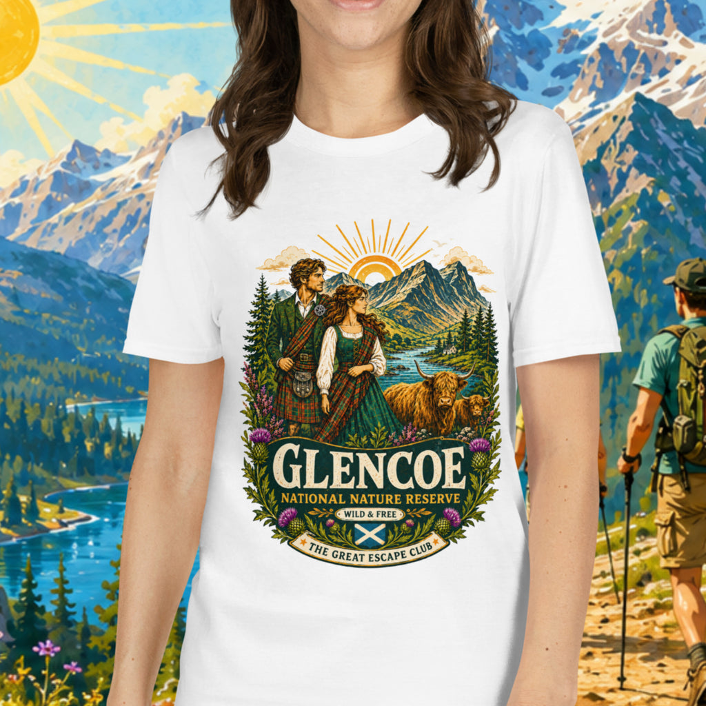 Glencoe National Nature Reserve unisex T-shirt in white featuring a vintage Scottish Highlands travel design with Highland cows and thistles.