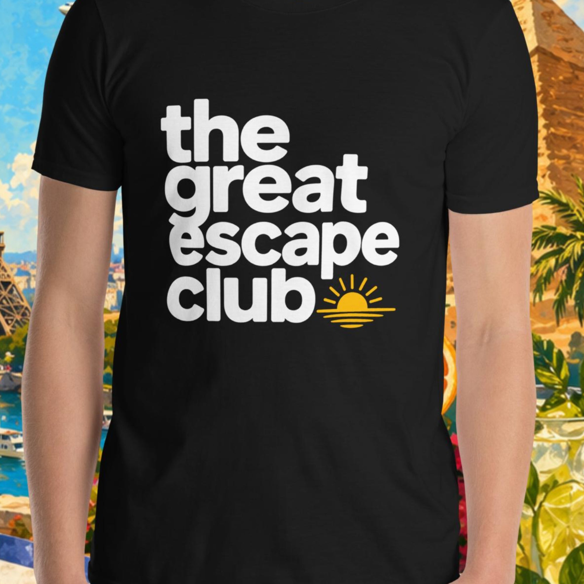 Person wearing a black t-shirt with 'the great escape club' text, set against a colorful travel-themed background.