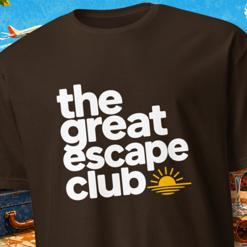 The Great Escape Club Sunset Logo unisex T-shirt in [Colour] featuring bold minimalist typography and golden sunset adventure branding.