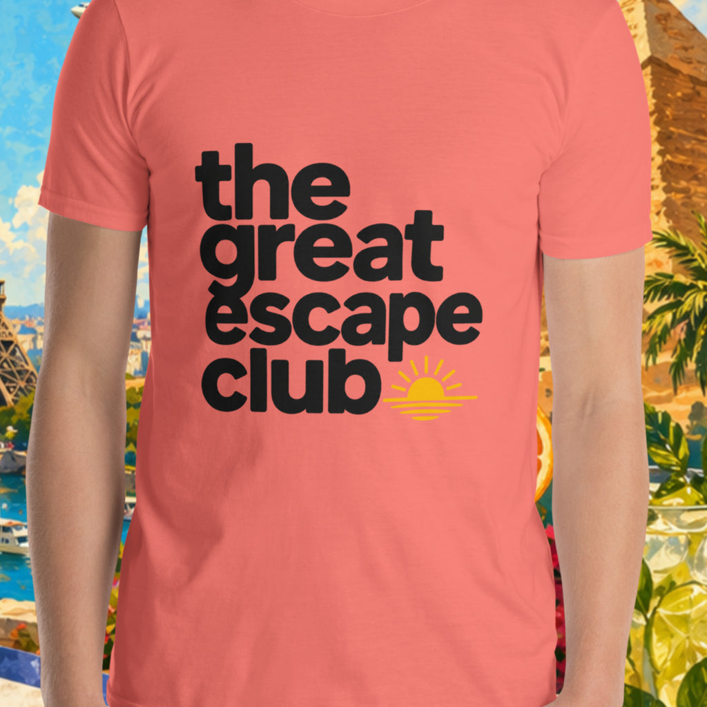Person wearing a coral t-shirt with 'the great escape club' text, set against a colorful collage of landmarks and nature.