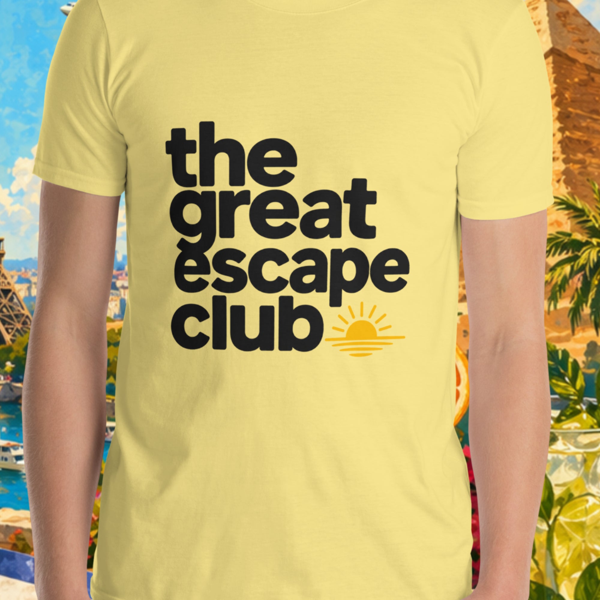 Person wearing a yellow t-shirt with 'the great escape club' text, set against a colorful travel-themed background.