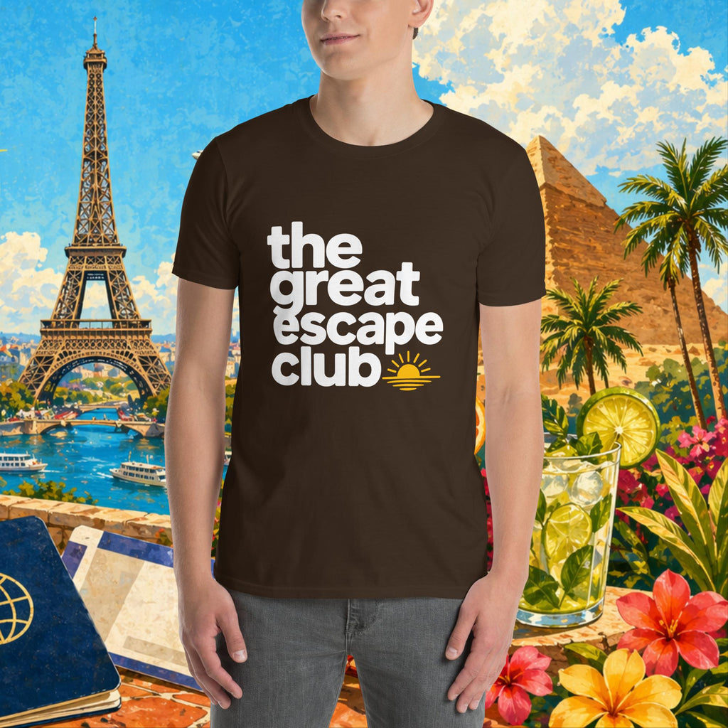 Person wearing a black t-shirt with 'the great escape club' text in front of a colorful background with landmarks and nature.