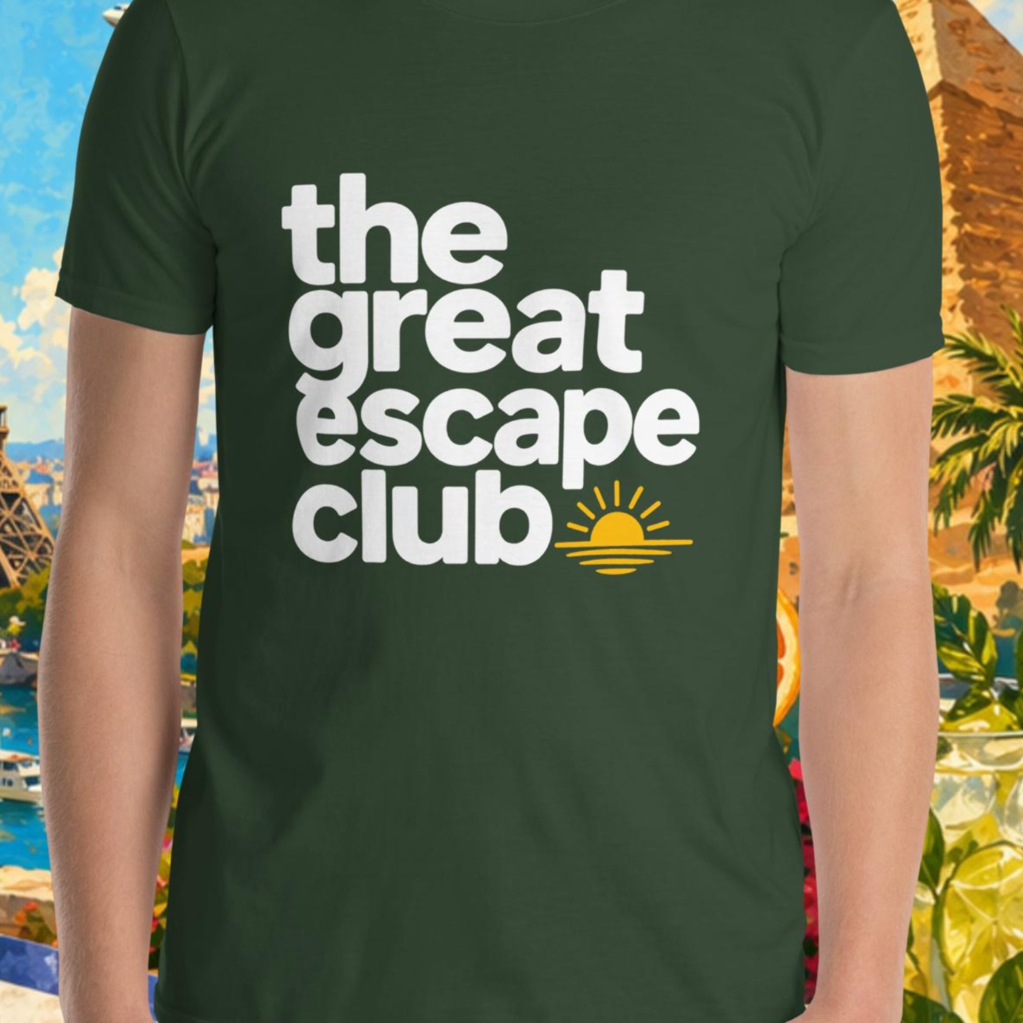 Person wearing a green t-shirt with 'the great escape club' design, set against a colorful background with landmarks and nature.