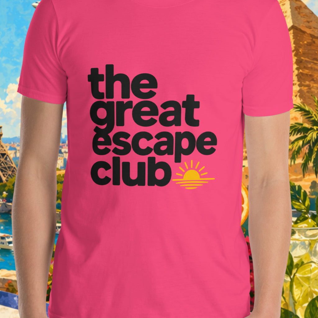 The Great Escape Club Sunset Logo unisex T-shirt in pink featuring bold minimalist typography and golden sunset adventure branding.