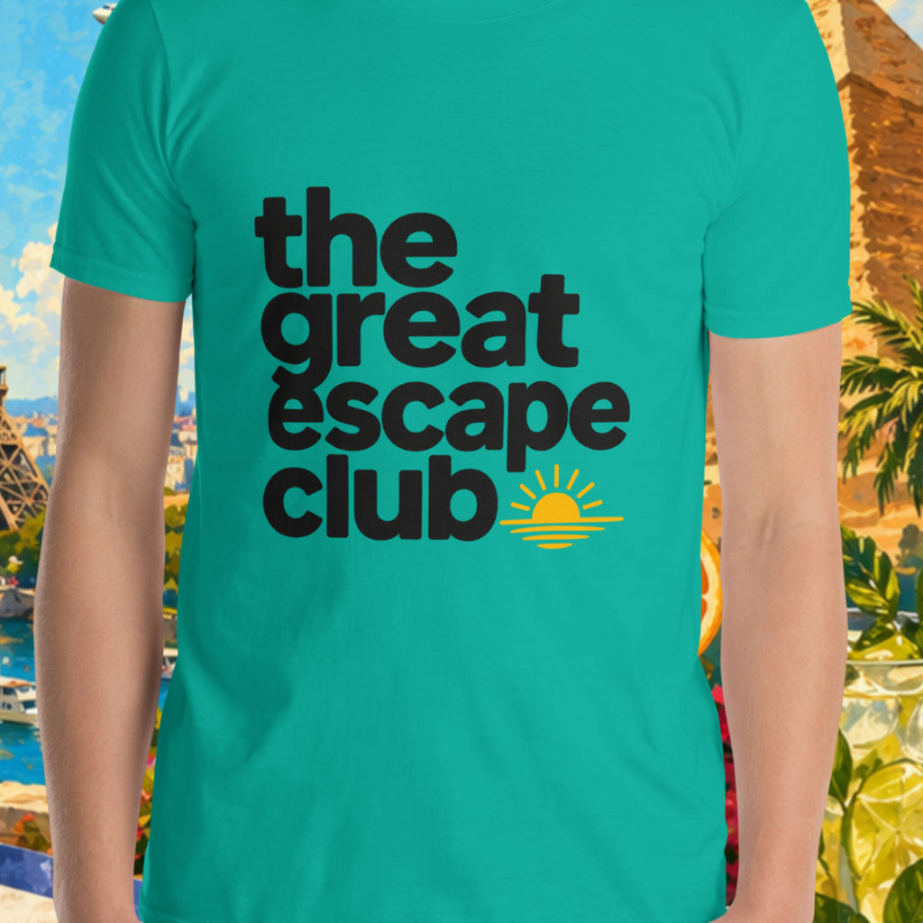 Person wearing a teal t-shirt with 'the great escape club' text in front of a scenic background with Eiffel Tower and pyramids.