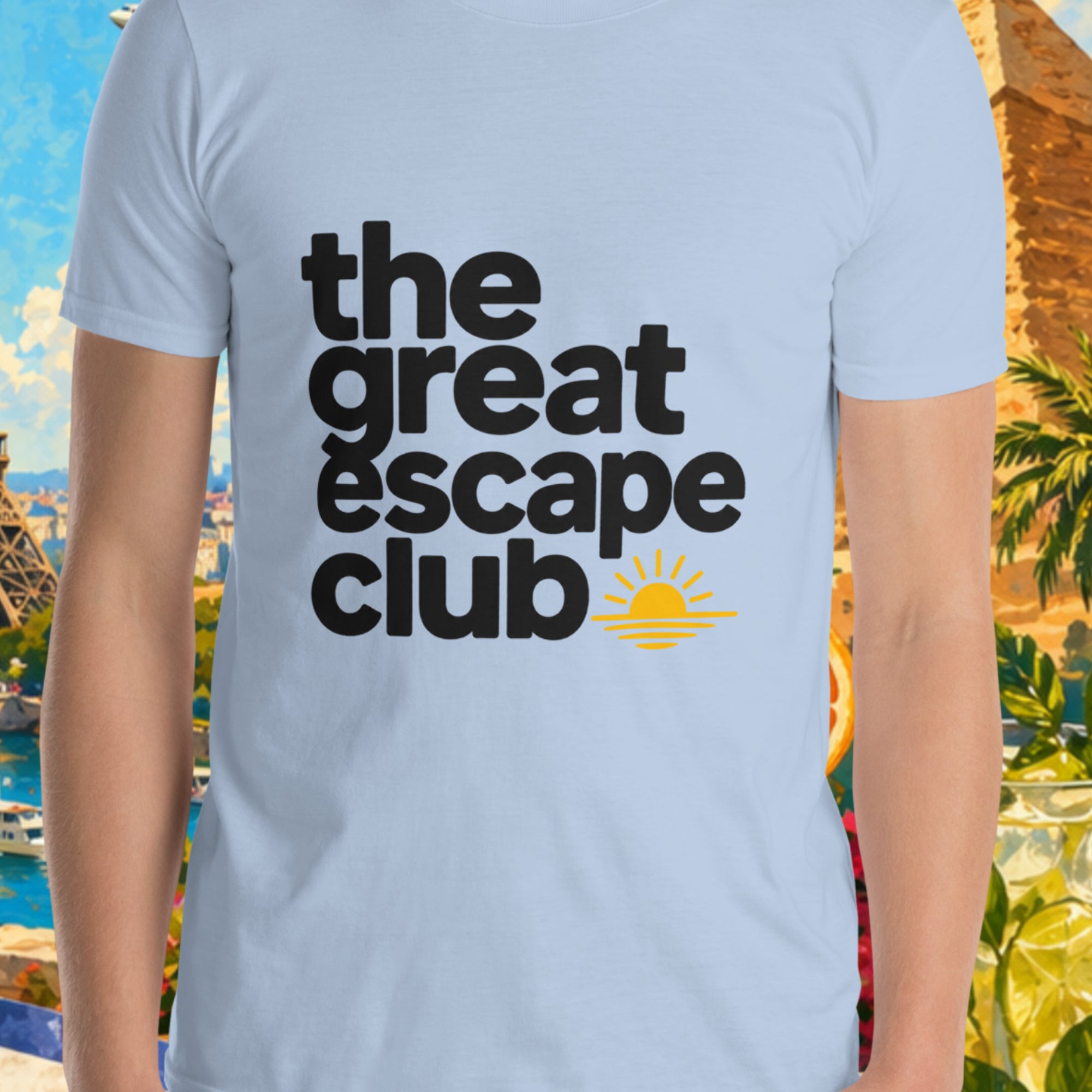Person wearing a light blue t-shirt with 'the great escape club' text, set against a colorful travel-themed background.