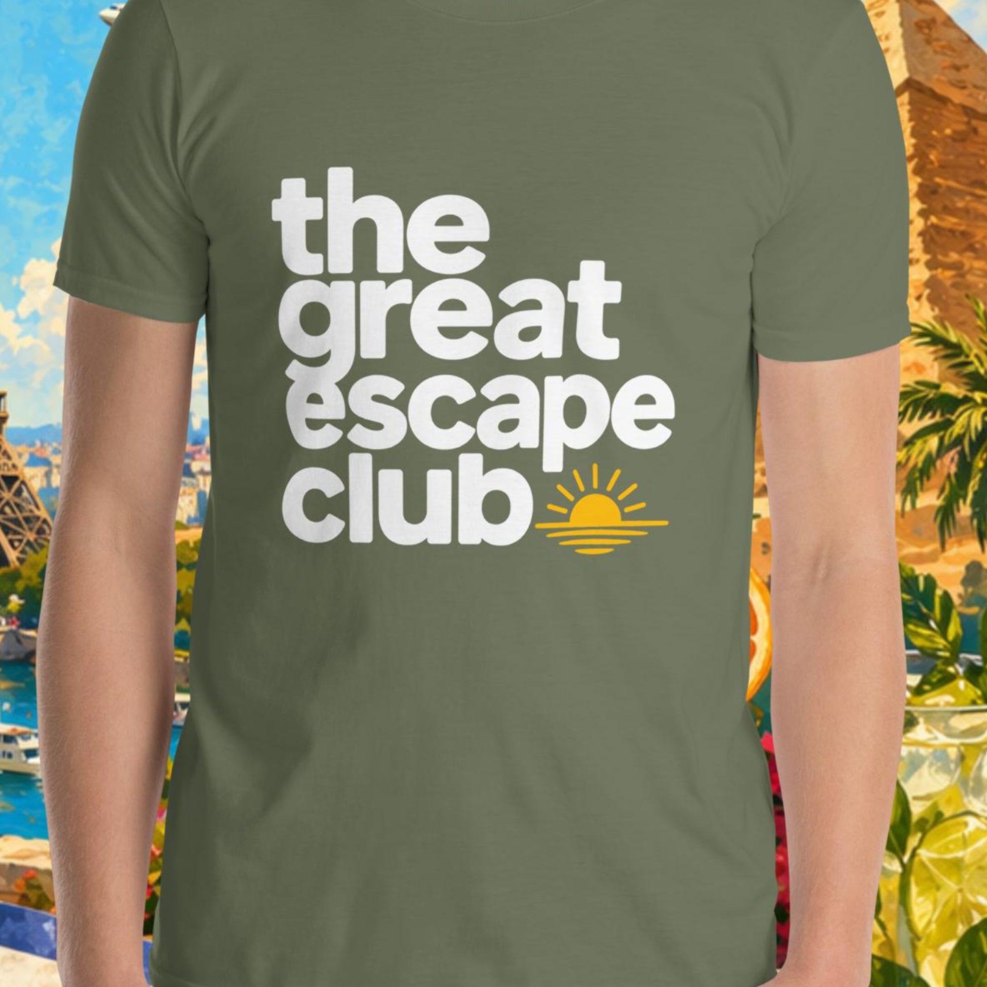 Person wearing a green t-shirt with 'the great escape club' text in front of a colorful travel-themed background.