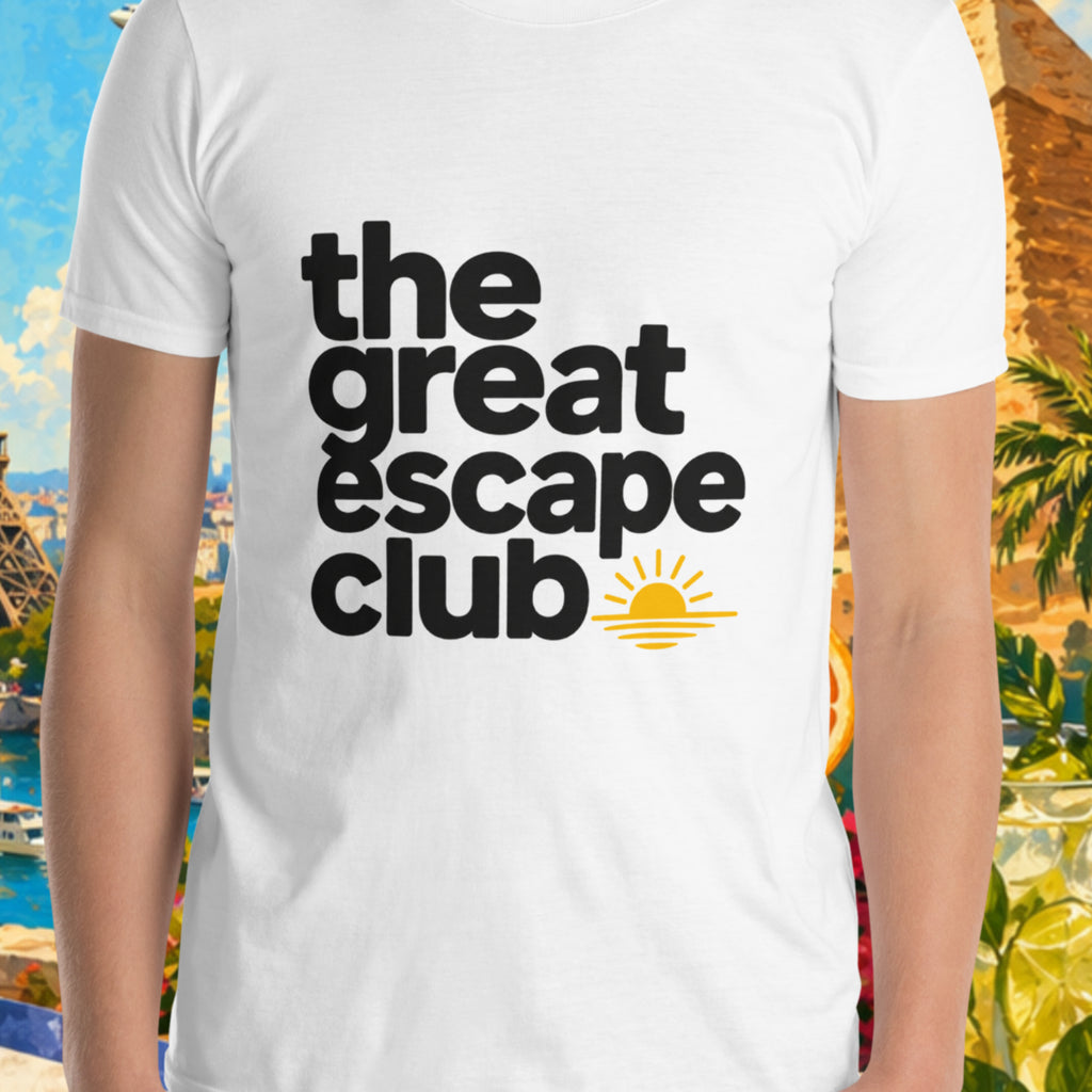 Person wearing a white t-shirt with 'the great escape club' design in front of a colorful background with landmarks and nature.