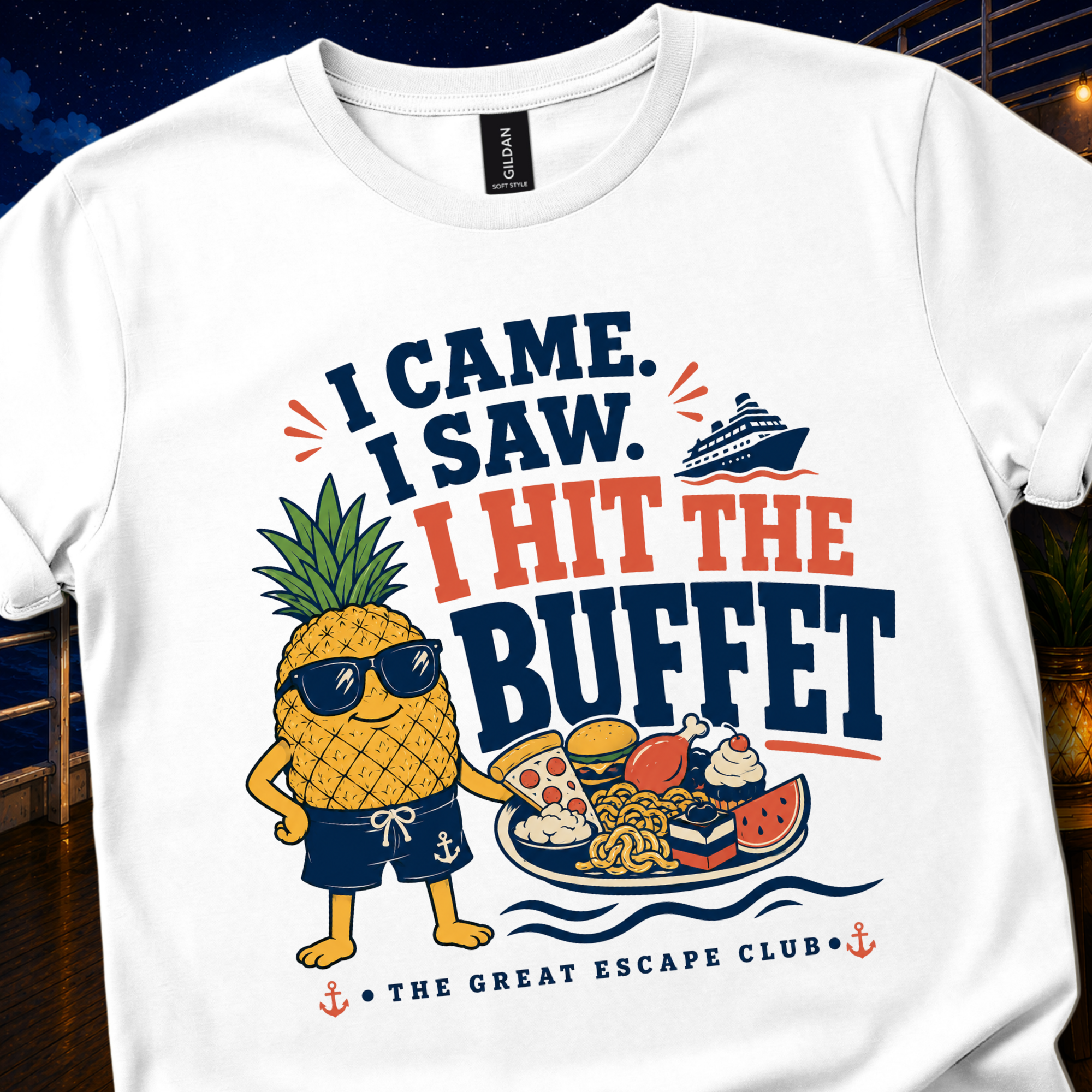 Hank The Pineapple I Came I Saw I Hit The Buffet Unisex T-Shirt, Funny Cruise Vacation Shirt for Food Lovers, Cruise Buffet Tee | The Great Escape Club
