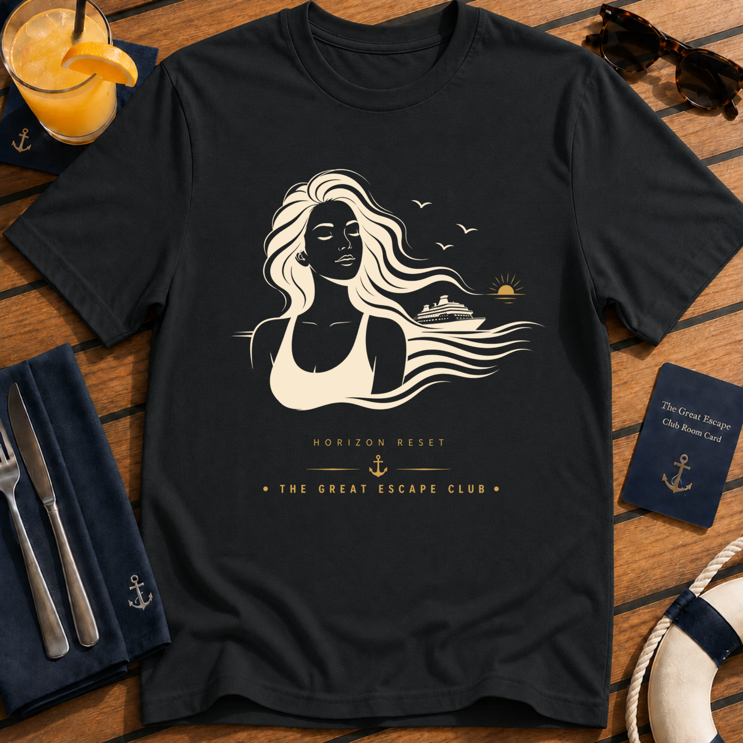 Horizon Reset calm cruise t-shirt design on Black shirt