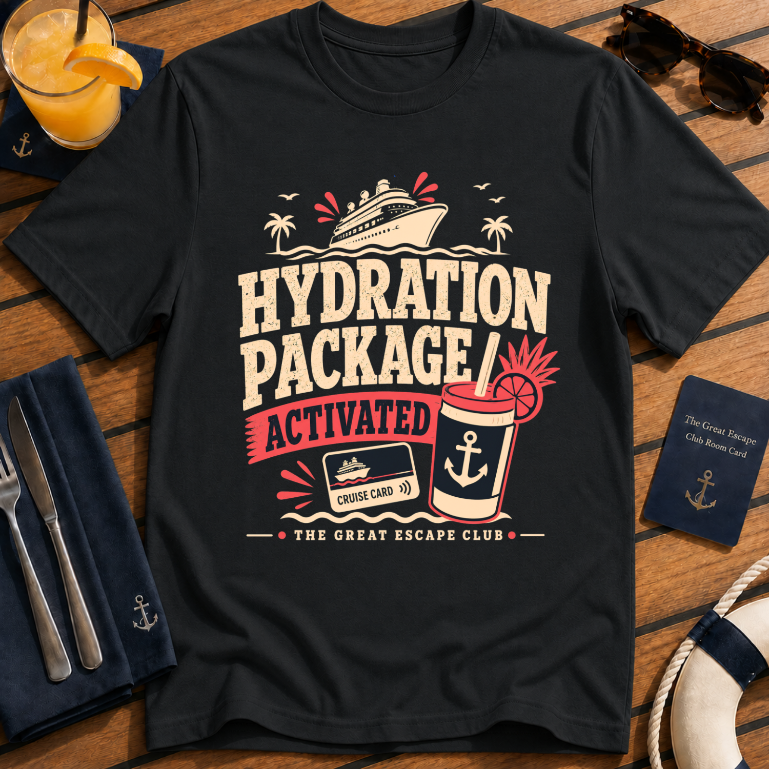 Hydration Package Activated funny cruise drinking black t-shirt for drink package lovers by The Great Escape Club