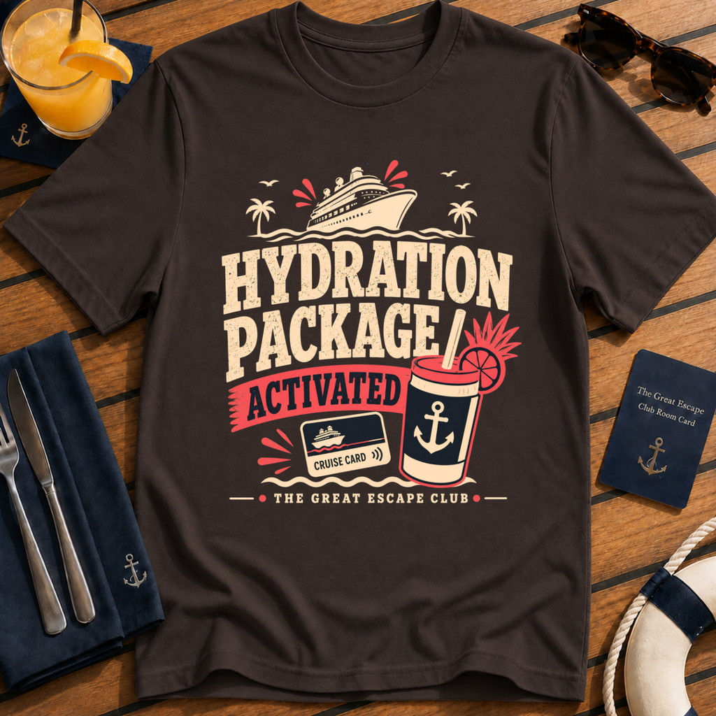 Hydration Package Activated funny cruise drinking dark chocolate brown  t-shirt for drink package lovers by The Great Escape Club