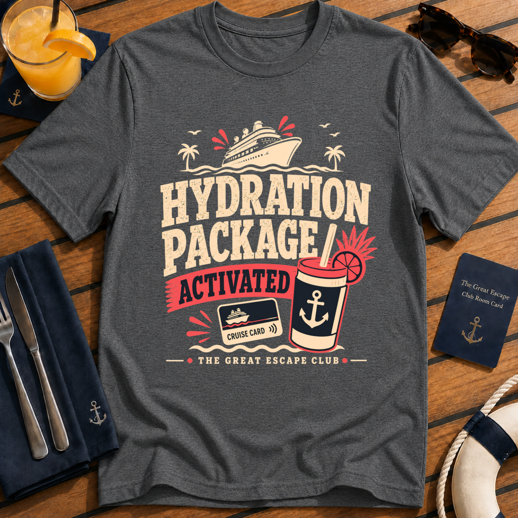 Hydration Package Activated funny cruise drinking dark grey t-shirt for drink package lovers by The Great Escape Club
