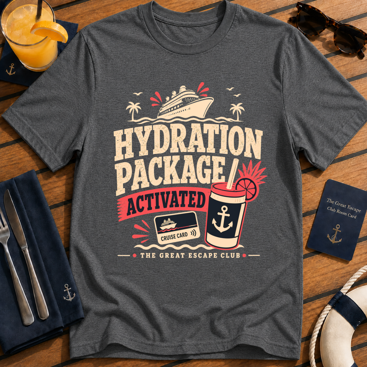Hydration Package Activated funny cruise drinking dark grey t-shirt for drink package lovers by The Great Escape Club