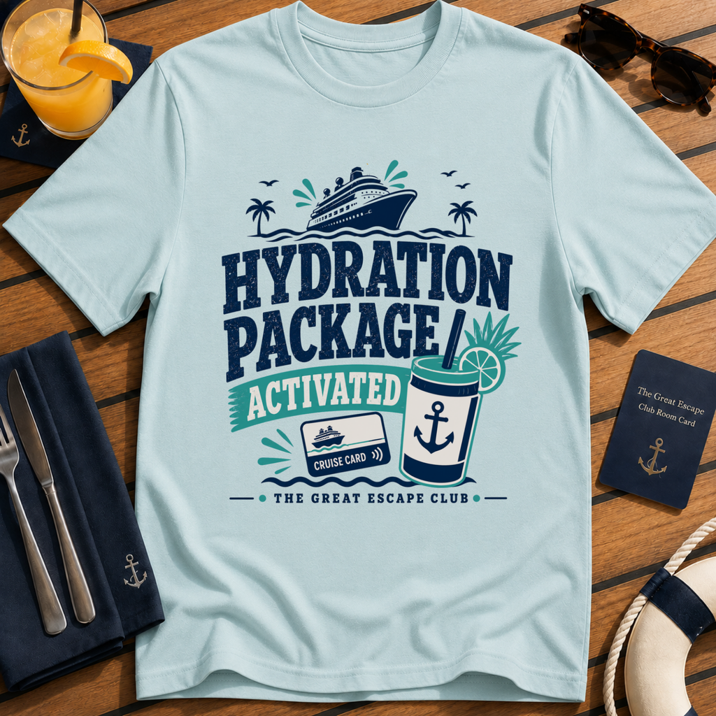 Hydration Package Activated funny cruise drinking light blue t-shirt for drink package lovers by The Great Escape Club