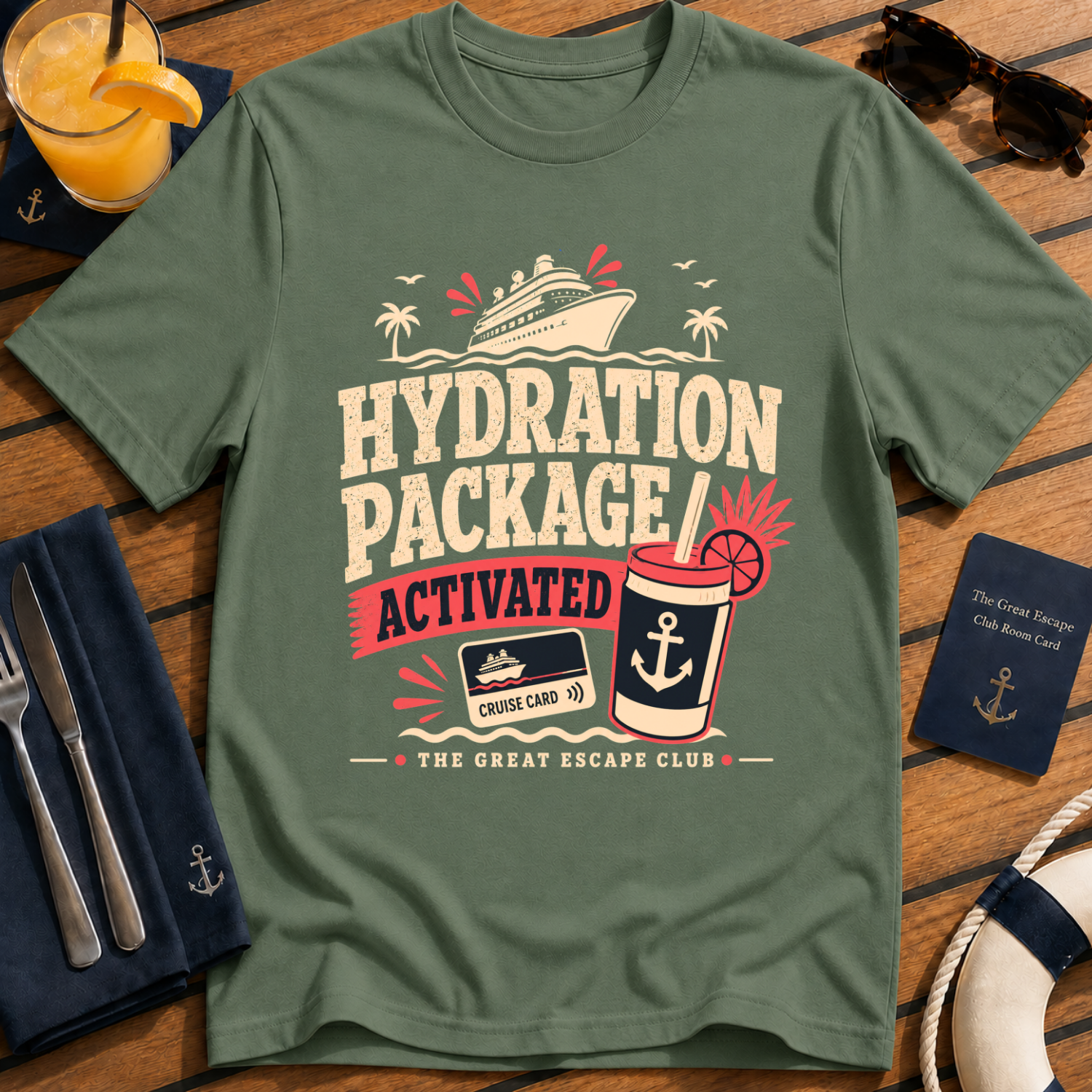 Hydration Package Activated funny cruise drinking green t-shirt for drink package lovers by The Great Escape Club
