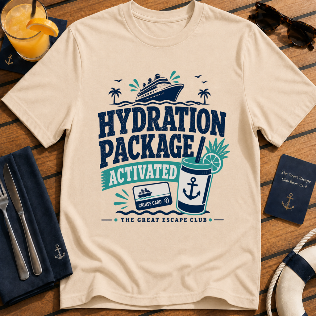 Hydration Package Activated funny cruise drinking natural tan t-shirt for drink package lovers by The Great Escape Club