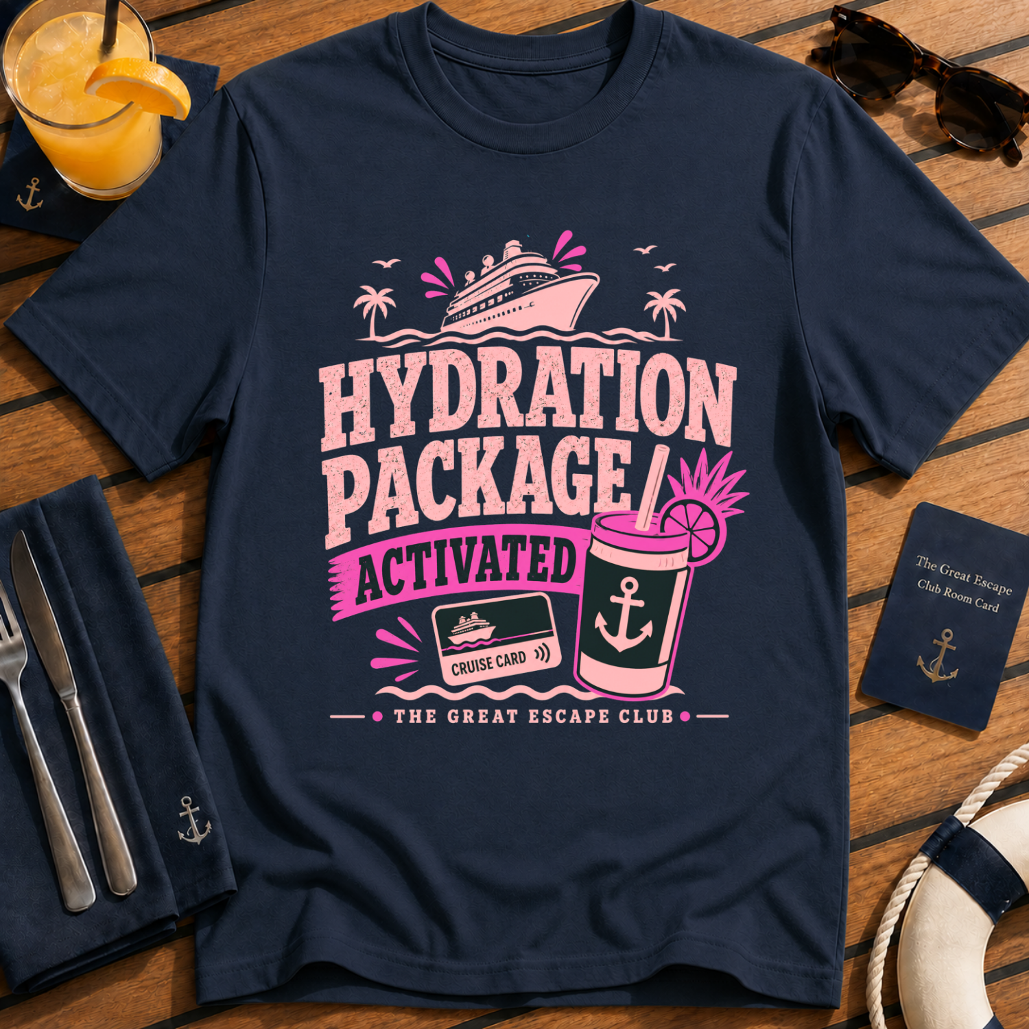 Hydration Package Activated funny cruise drinking navy t-shirt for drink package lovers by The Great Escape Club
