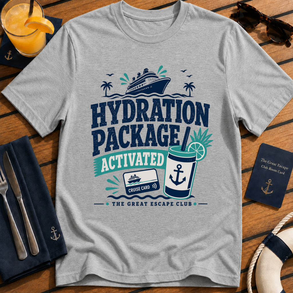 Hydration Package Activated funny cruise drinking sports grey t-shirt for drink package lovers by The Great Escape Club