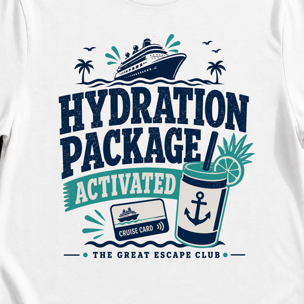 Hydration Package Activated funny cruise drinking t-shirt for drink package lovers by The Great Escape Club
