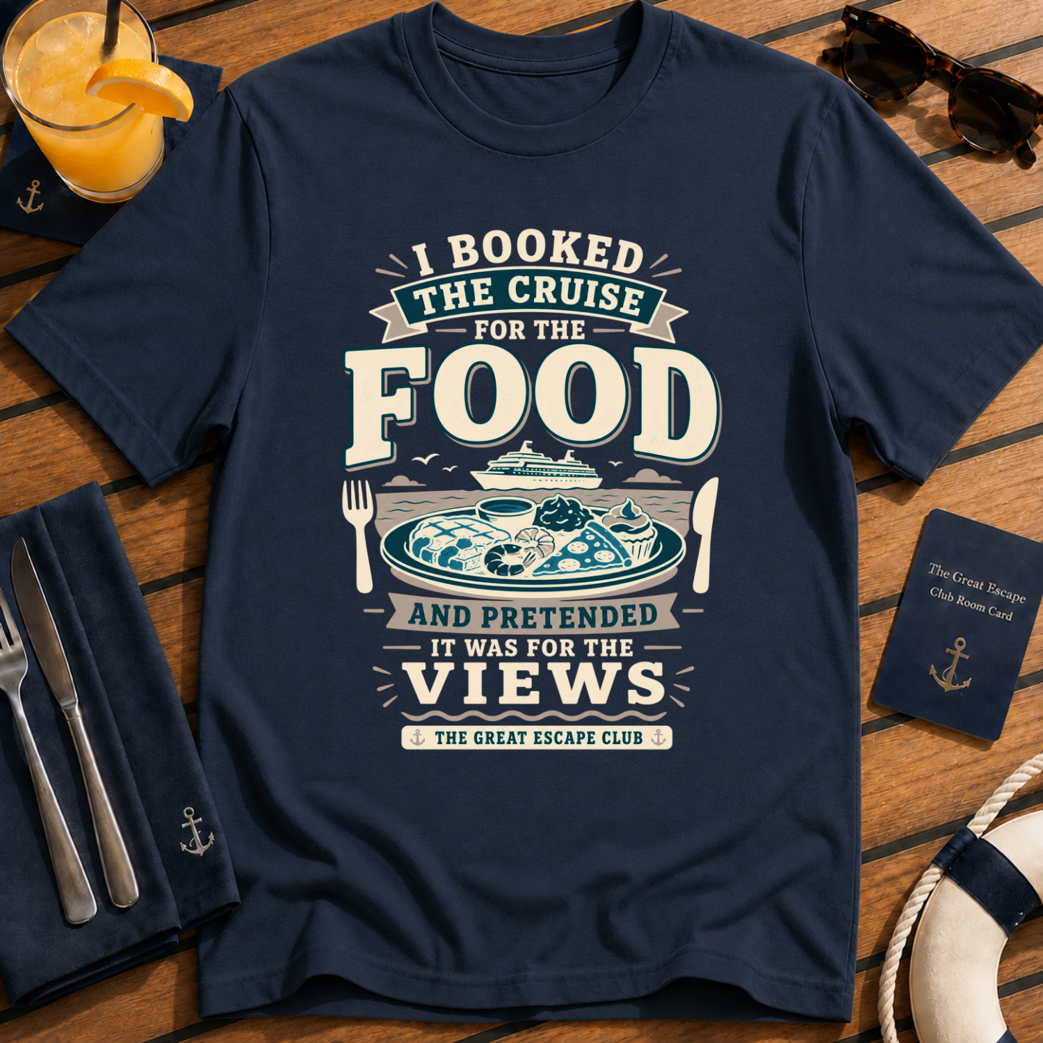 I Booked the Cruise for the Food funny cruise buffet t-shirt design on Navy shirt