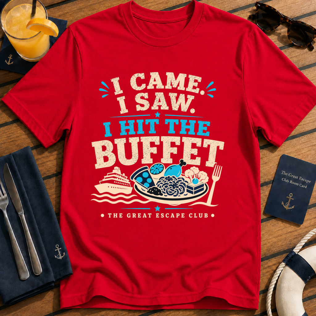 I Came I Saw I Hit the Buffet funny cruise buffet red t-shirt for foodies and holiday snack lovers by The Great Escape Club