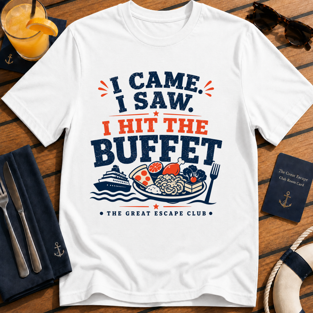 I Came I Saw I Hit the Buffet funny cruise buffet white t-shirt for foodies and holiday snack lovers by The Great Escape Club