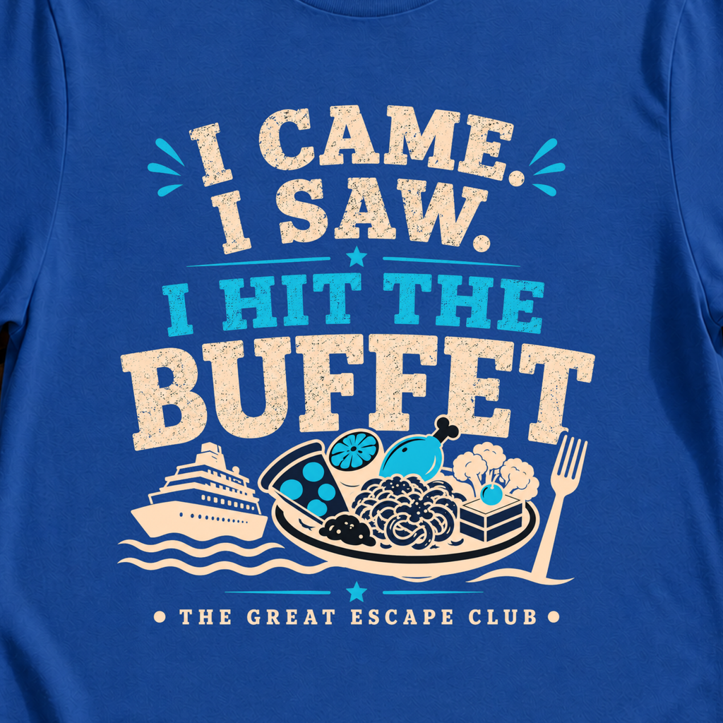 I Came I Saw I Hit the Buffet funny cruise buffet t-shirt for foodies and holiday snack lovers by The Great Escape Club