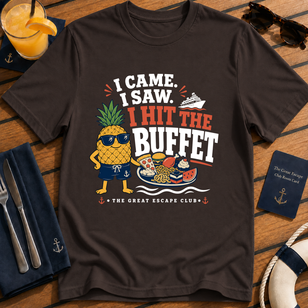 I Came I Saw I Hit the Buffet Hank the Pineapple funny cruise buffet dark brown t-shirt by The Great Escape Club