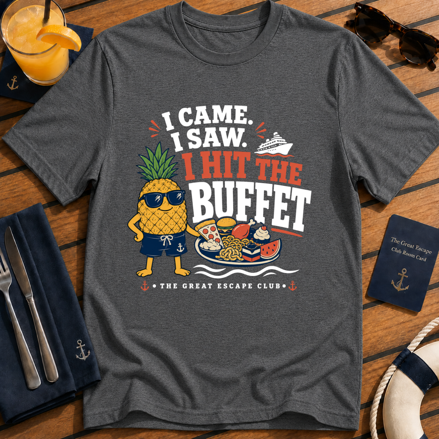 I Came I Saw I Hit the Buffet Hank the Pineapple funny cruise buffet dark grey t-shirt by The Great Escape Club