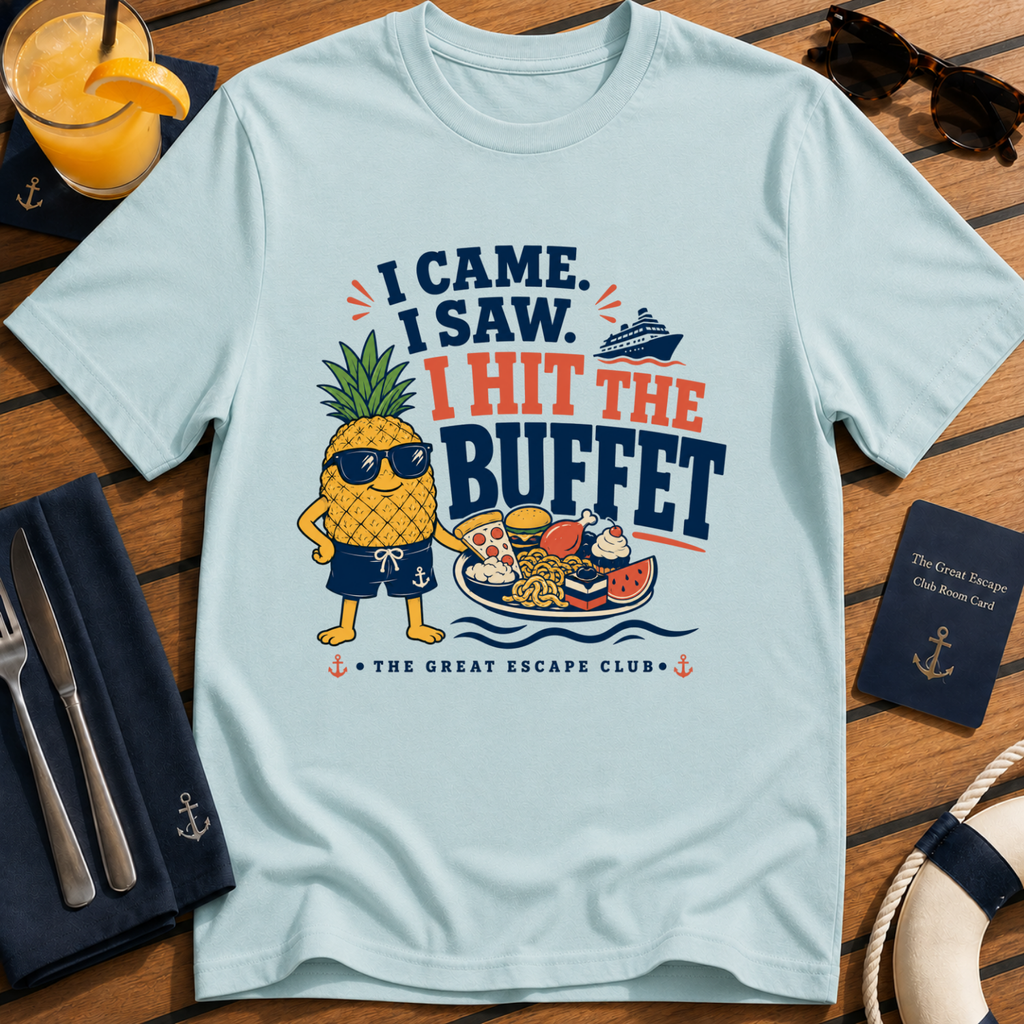 I Came I Saw I Hit the Buffet Hank the Pineapple funny cruise buffet light blue t-shirt by The Great Escape Club