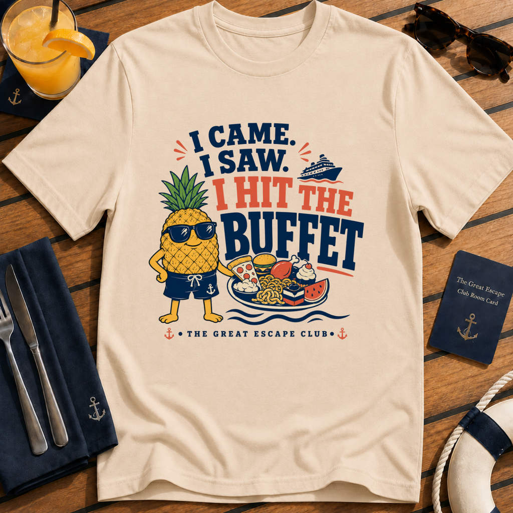 I Came I Saw I Hit the Buffet Hank the Pineapple funny cruise buffet natural tan t-shirt by The Great Escape Club
